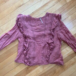 Free People Mauve Pink Ruffled Gauze Blouse
